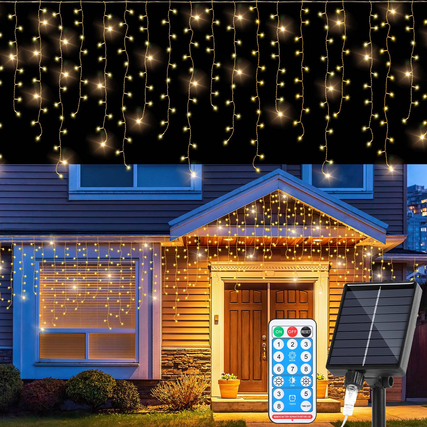 5M LED Solar Lichterkette Außen Wasserdicht LED Eisregen 200 LEDs Eiszapfen Lichtervorhang mit Fernbedienung Innen Outdoor Garten Deko Warmweiß