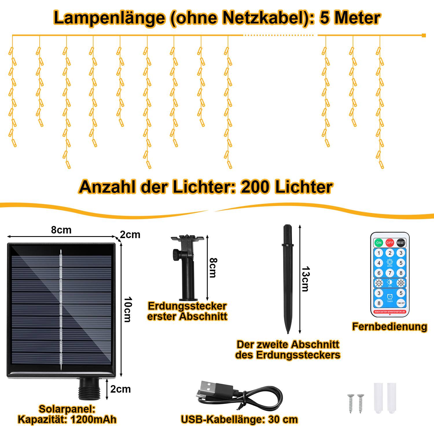 5M LED Solar Lichterkette Außen Wasserdicht LED Eisregen 200 LEDs Eiszapfen Lichtervorhang mit Fernbedienung Innen Outdoor Garten Deko Warmweiß