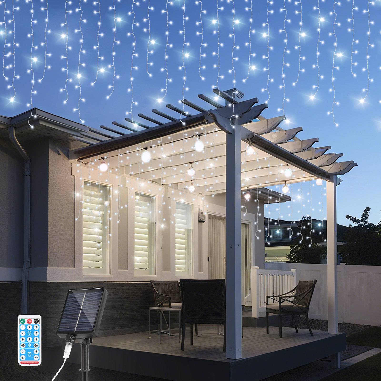 5M LED Solar Lichterkette Außen Wasserdicht LED Eisregen 200 LEDs Eiszapfen Lichtervorhang mit Fernbedienung Innen Outdoor Garten Deko Kaltweiß