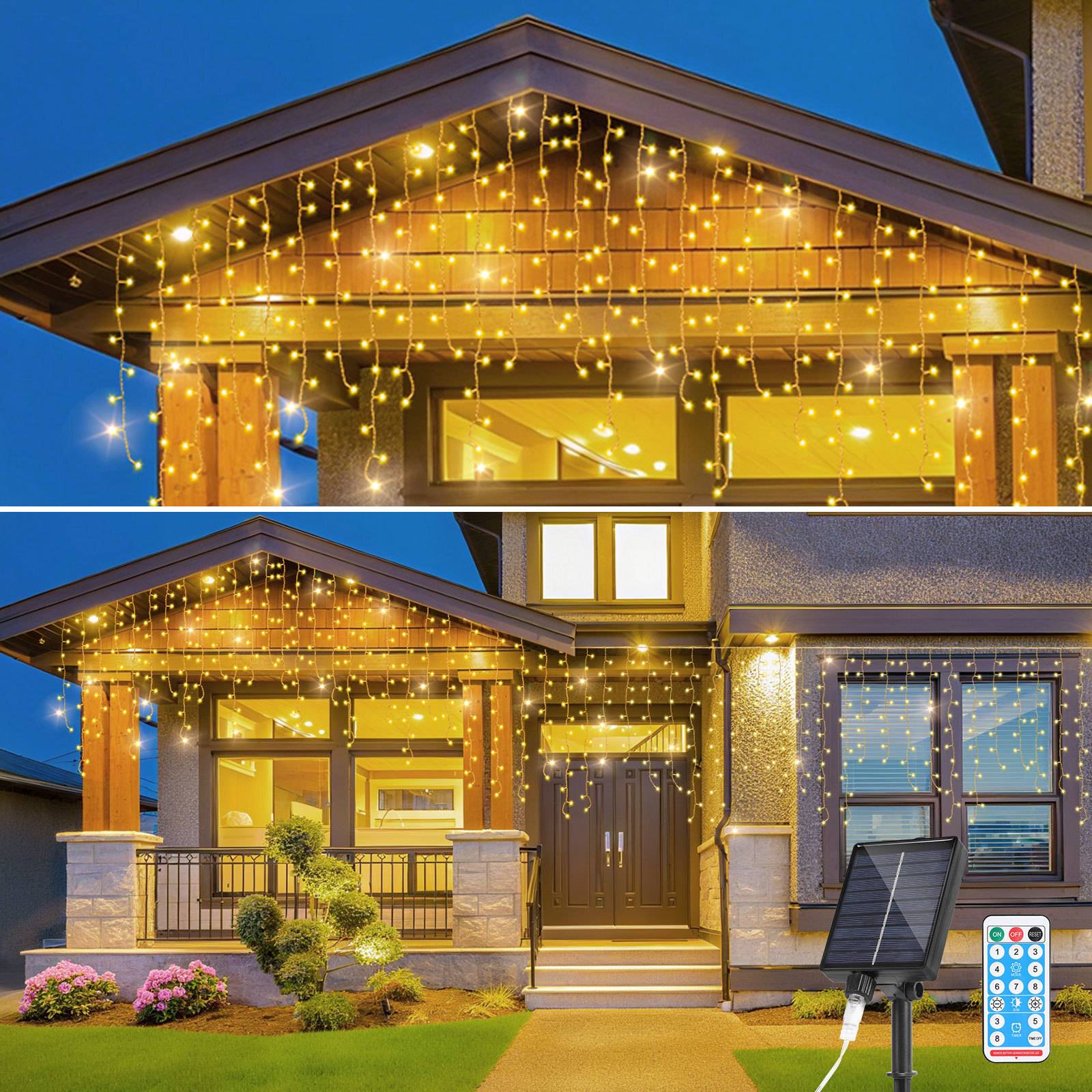 15M LED Solar Lichterkette Außen Wasserdicht LED Eisregen 600 LEDs Eiszapfen Lichtervorhang mit Fernbedienung Innen Outdoor Garten Deko Warmweiß