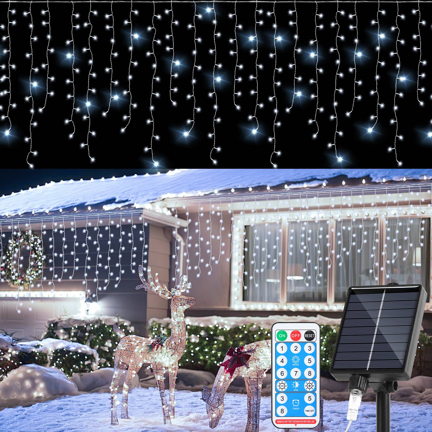 15M LED Solar Lichterkette Außen Wasserdicht LED Eisregen 600 LEDs Eiszapfen Lichtervorhang mit Fernbedienung Innen Outdoor Garten Deko Kaltweiß