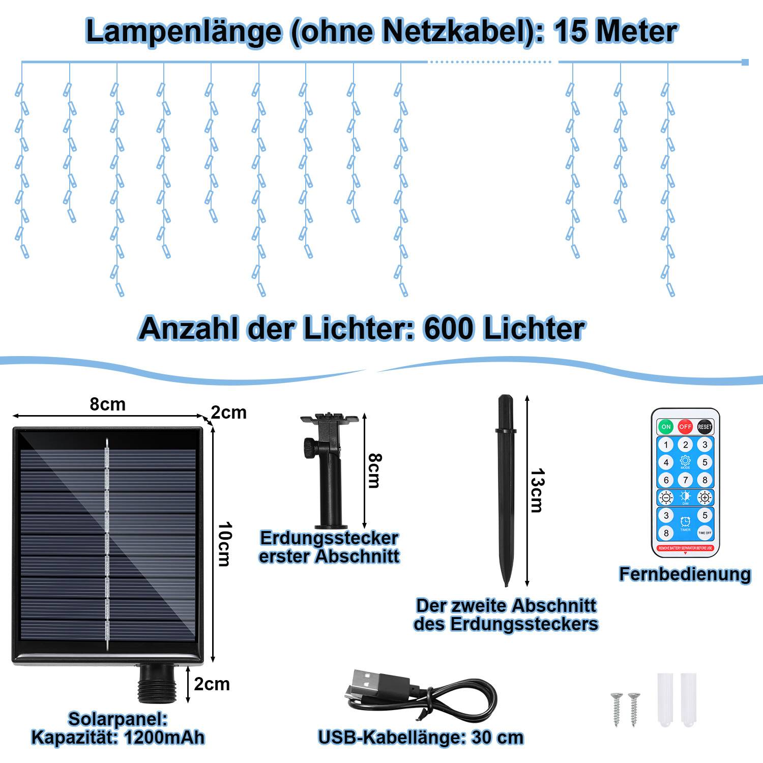 15M LED Solar Lichterkette Außen Wasserdicht LED Eisregen 600 LEDs Eiszapfen Lichtervorhang mit Fernbedienung Innen Outdoor Garten Deko Kaltweiß