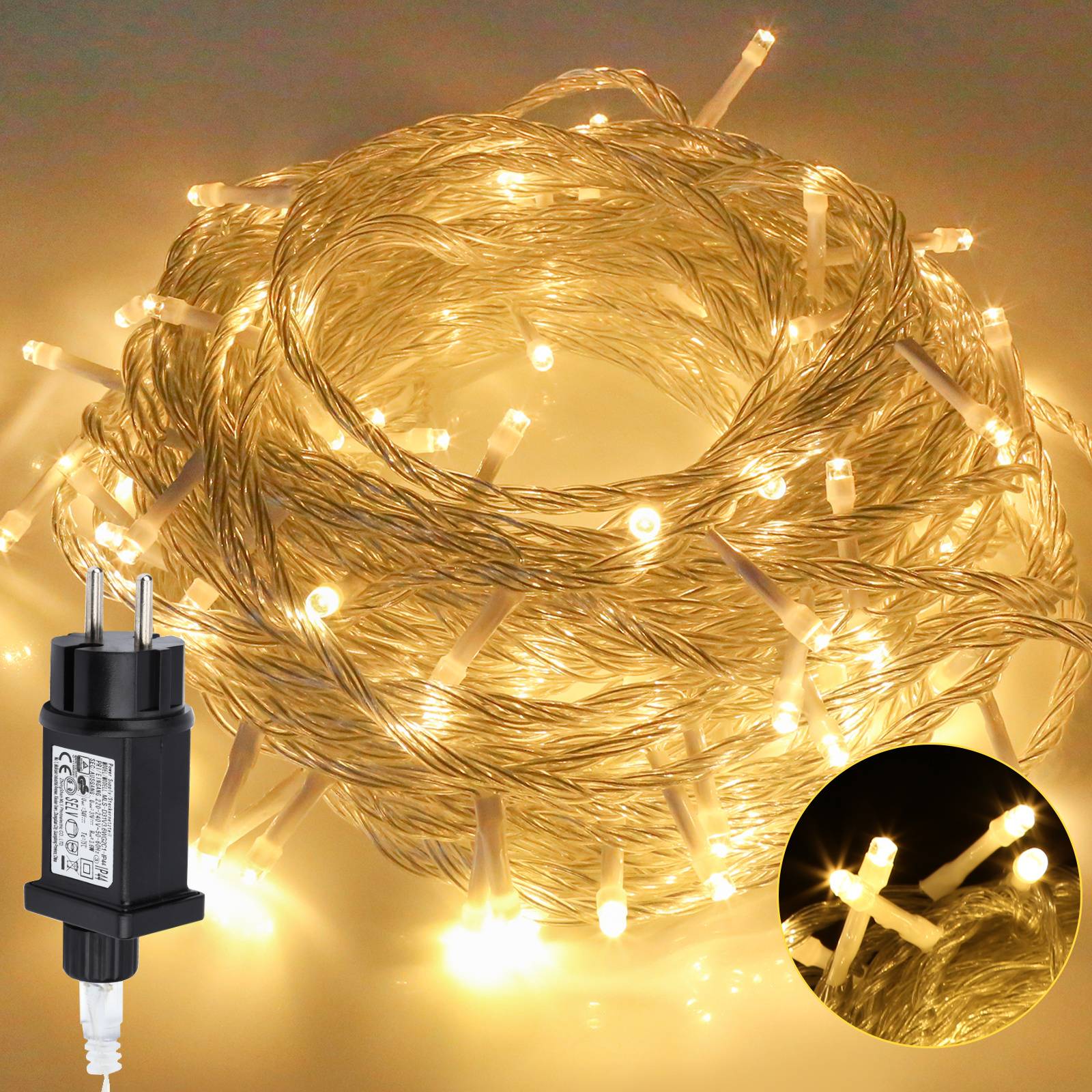 LED Lichterkette 10M 100LEDs IP44 mit 8 Modi für Innen & Außen Weihnachten Party Garten Bedienung Funkelnder Sterneffekt Deko Transparent Kabel Warm