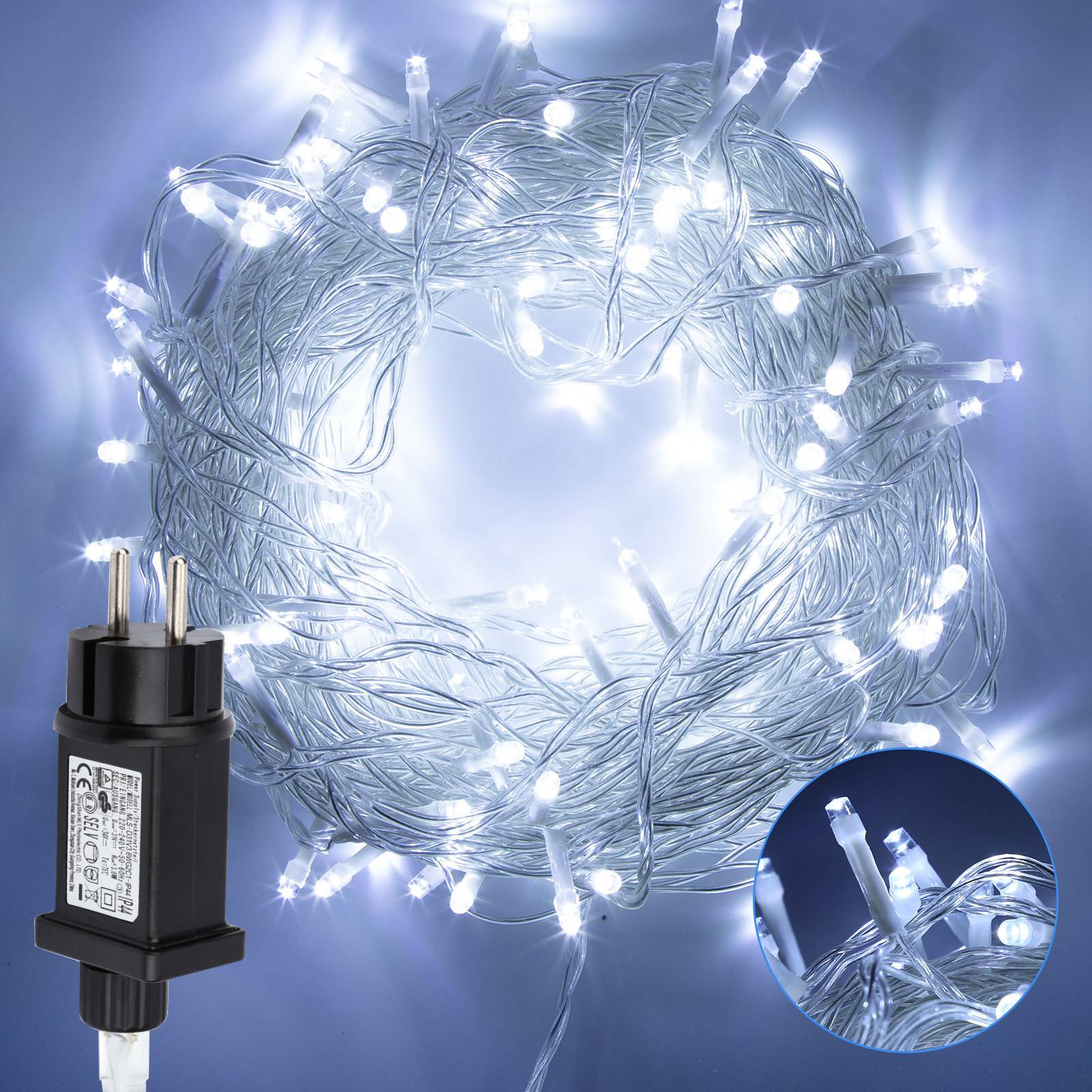 LED Lichterkette 10M 100LEDs IP44 mit 8 Modi für Innen & Außen Weihnachten Party Garten Bedienung Funkelnder Sterneffekt Deko Transparent Kabel Kalt