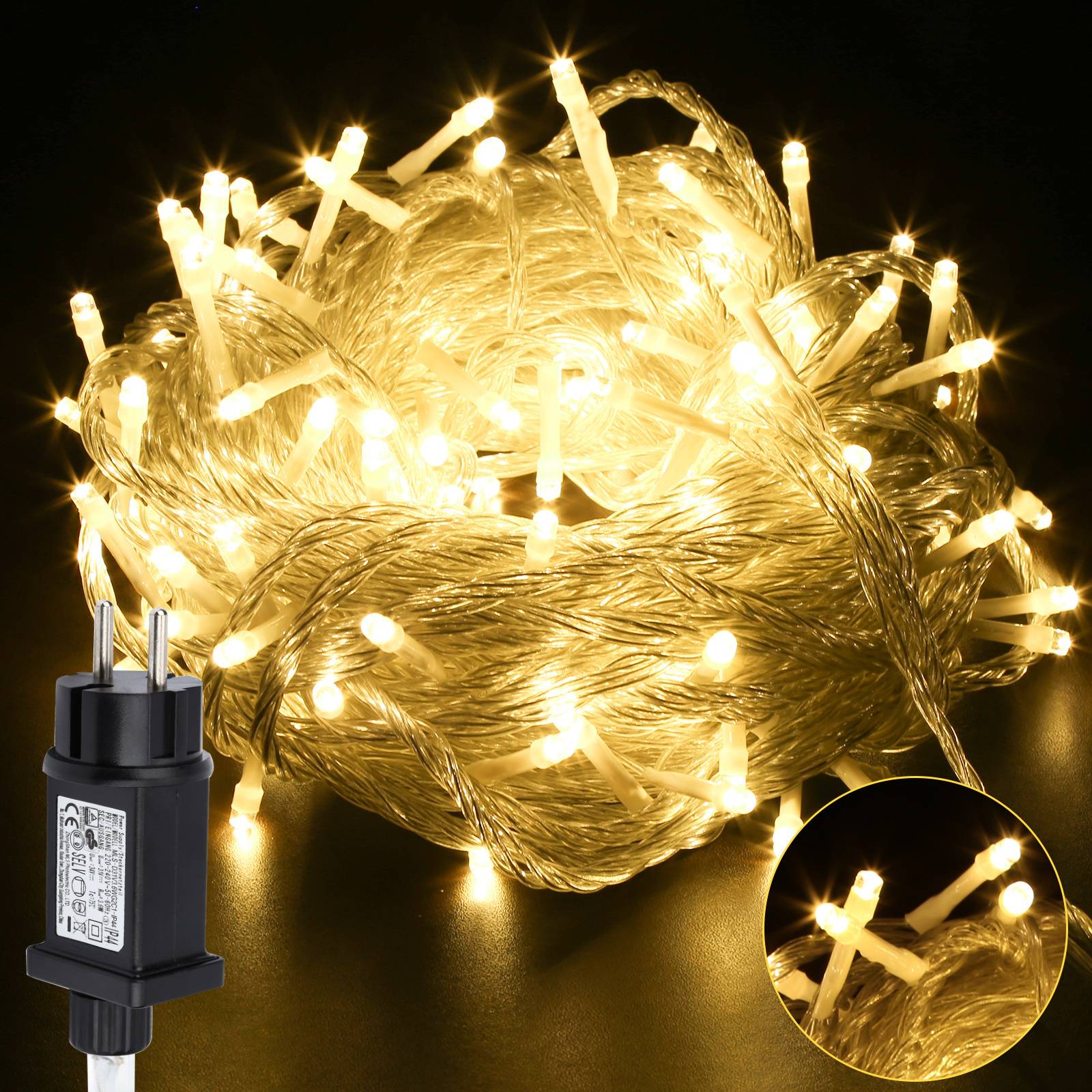 LED Lichterkette 20M 200LEDs IP44 mit 8 Modi für Innen & Außen Weihnachten Party Garten Bedienung Funkelnder Sterneffekt Deko Transparent Kabel Warm