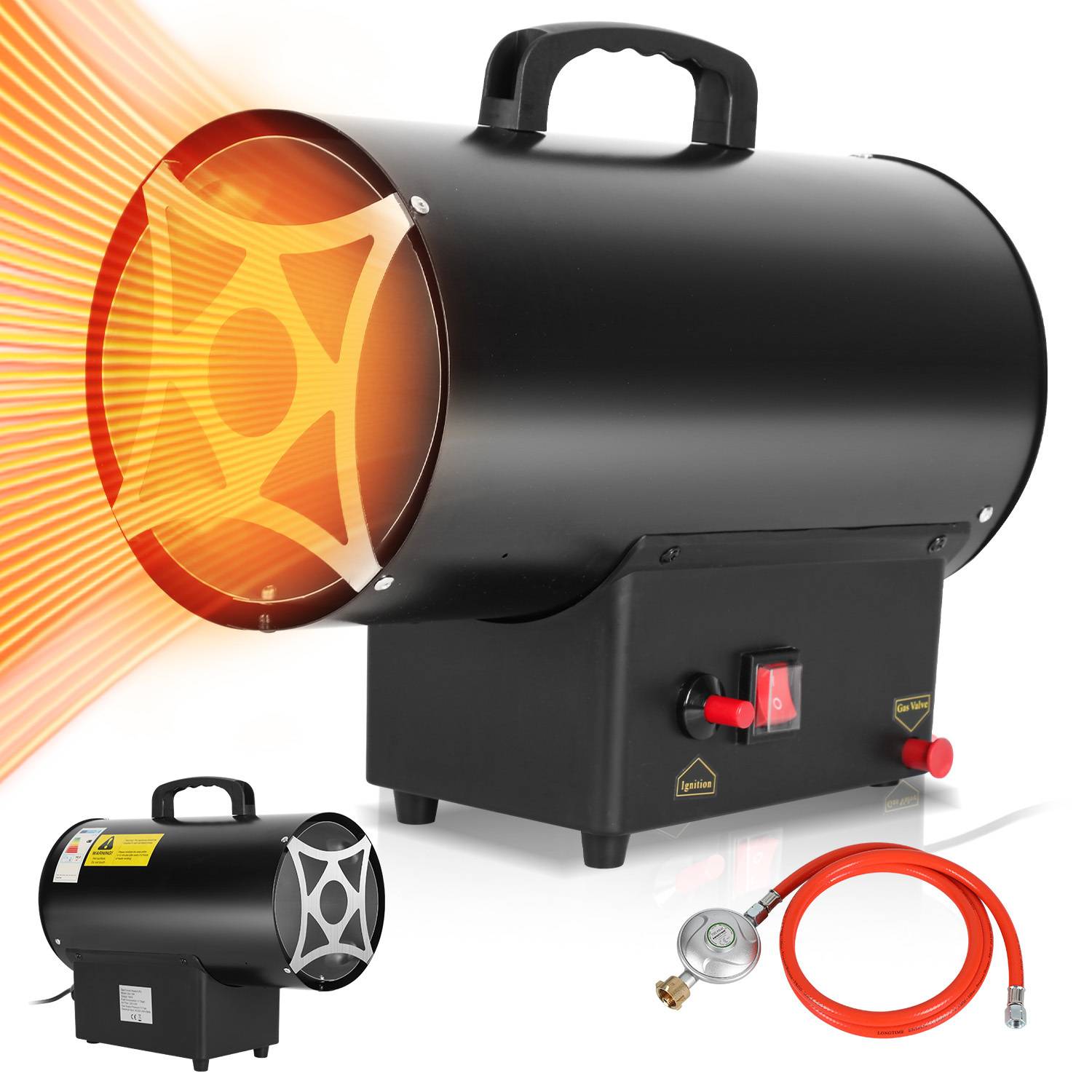 Gasheizgebläse 10 kW Direkt, Heizkanone Gas, Luftdurchsatz 320 m³/h, Gasheizer mit Schlauch, Druckminderer, für Propan-/Butangasflasche