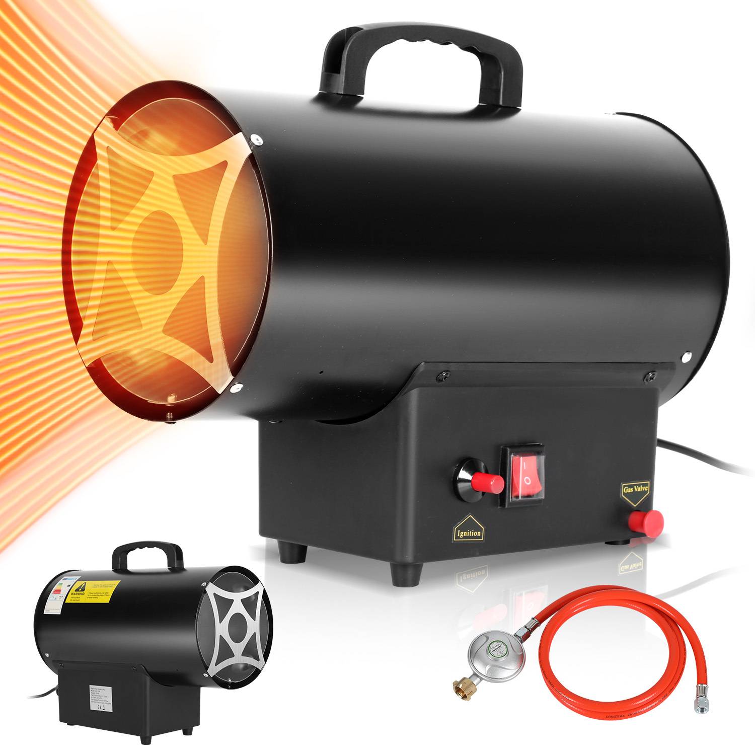 Gasheizgebläse 15 kW Direkt, Heizkanone Gas, Luftdurchsatz 320 m³/h, Gasheizer mit Schlauch, Druckminderer, für Propan-/Butangasflasche