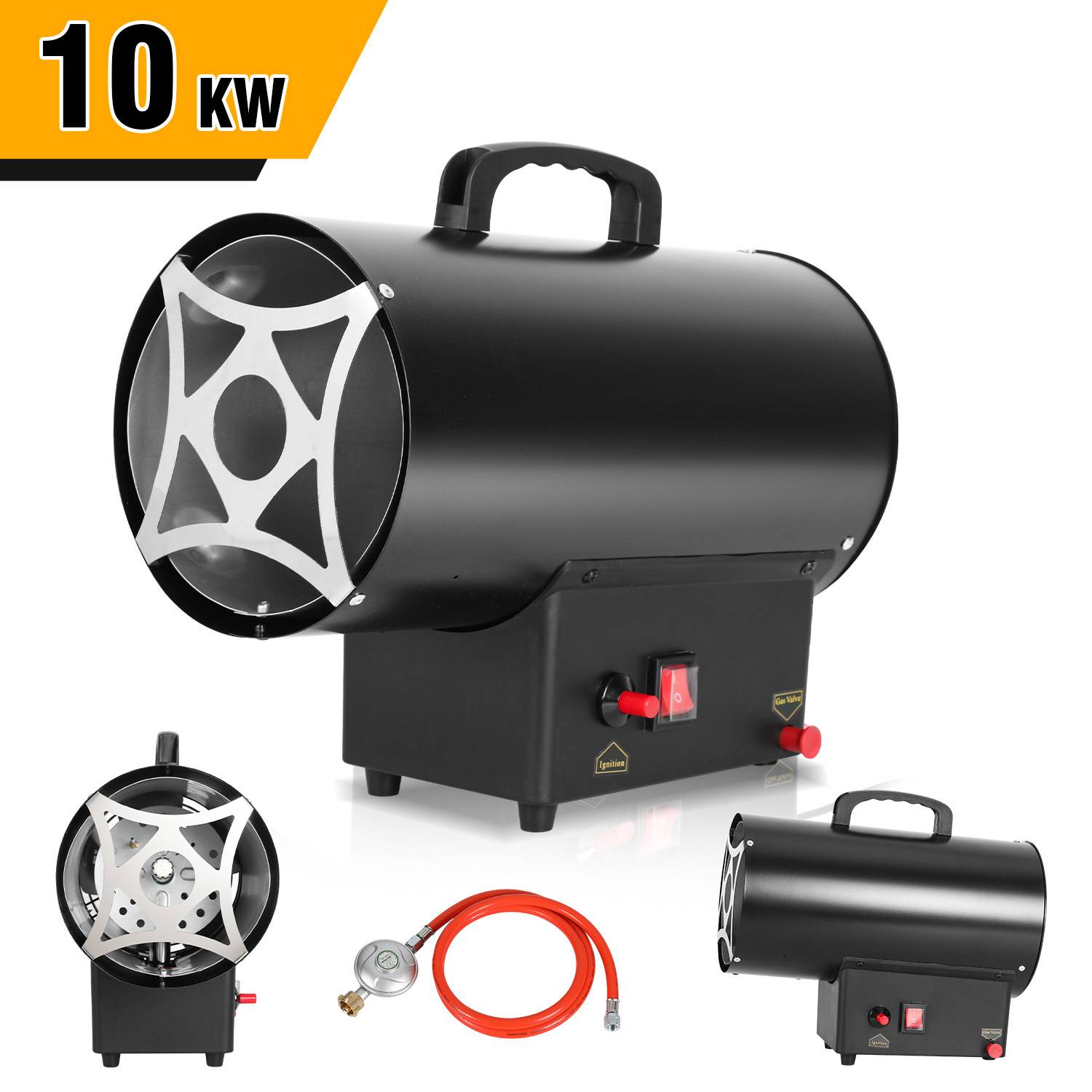 Schwarzer tragbarer Propanheizer mit 10 kW, mit Griff und Kontrollschalter, dargestellt mit Schlauch, Regler und Alternativansichten auf weißem Hintergrund.