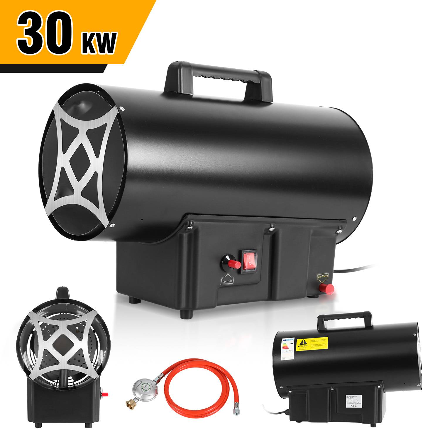 Produktbild eines tragbaren 30-kW-Heizers mit Griff, frontalem Gitter, Bedienelementen und mitgeliefertem Gasschlauch und Regler; von mehreren Winkeln gezeigt.