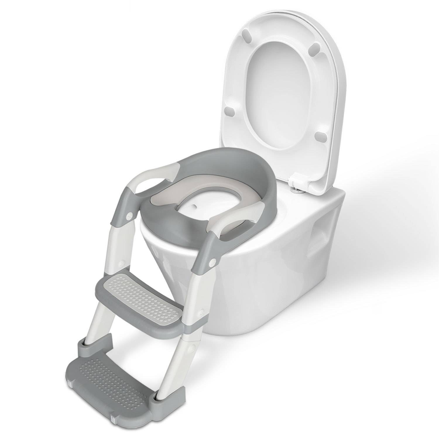 Toilettentrainer Lerntöpfchen Höhenverstellbarer Toilettensitz Baby Kinder Töpfchen WC Sitz mit Griffen, klappbar mit Treppe Grau