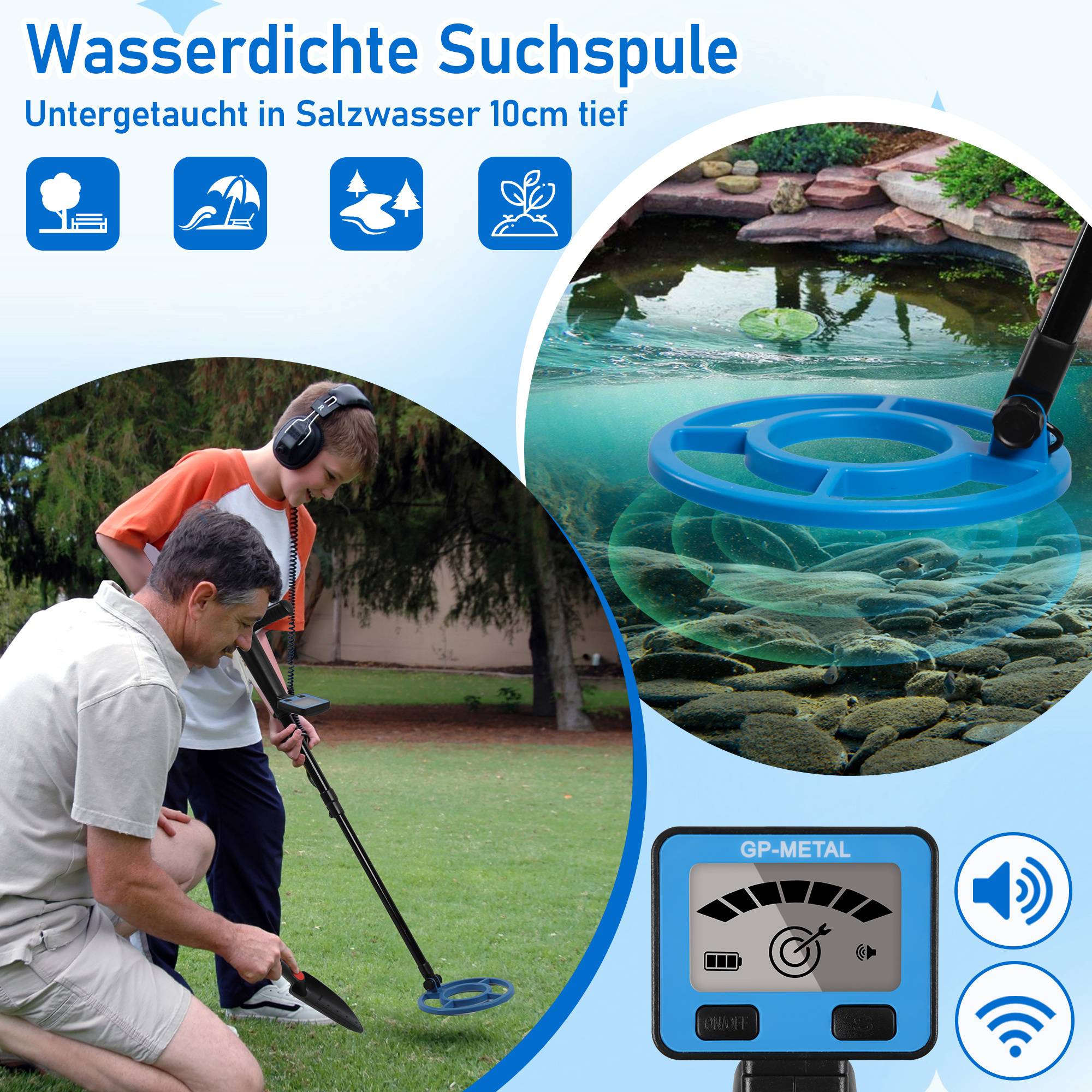 Metalldetektor Kit für Erwachsene Multifunktionaler Profi-Detektor Metallsuchgerät wasserdichte Spule für Größere Tiefe, mit Schaufel und Traget