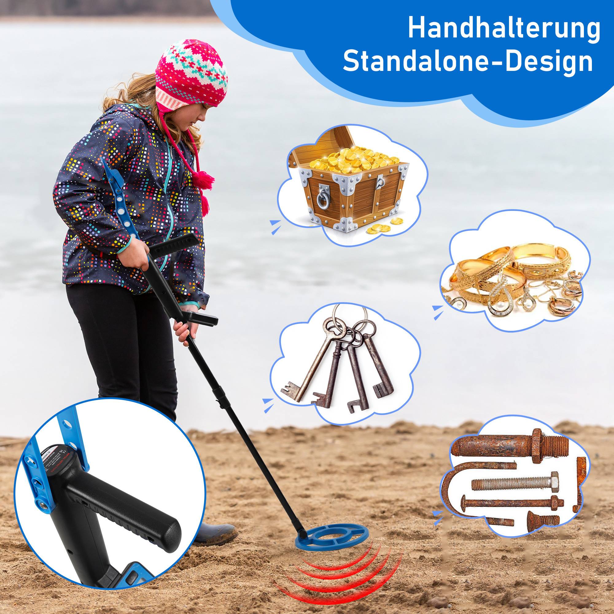 Metalldetektor Kit für Erwachsene Multifunktionaler Profi-Detektor Metallsuchgerät wasserdichte Spule für Größere Tiefe, mit Schaufel und Traget