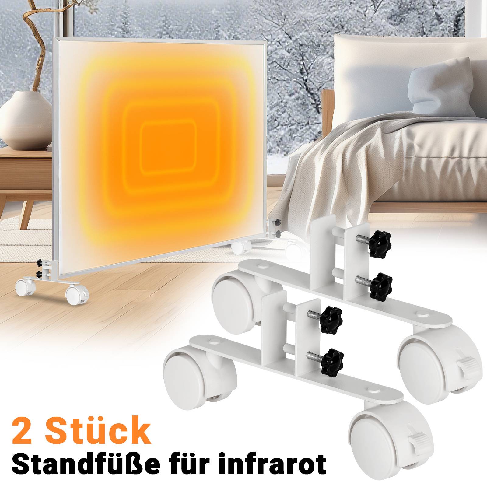 2x Standfüße mit Rollen für Infrarotheizungen Geeignet für Heizgeräte mit einer Dicke von weniger als 3,5 cm, Metall, weiß