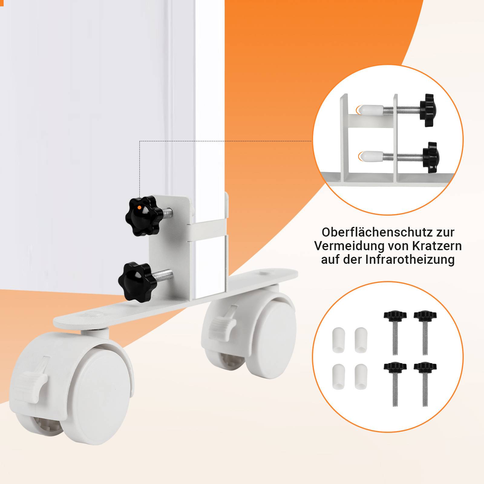 4x Standfüße mit Rollen für Infrarotheizungen Geeignet für Heizgeräte mit einer Dicke von weniger als 3,5 cm, Metall, weiß
