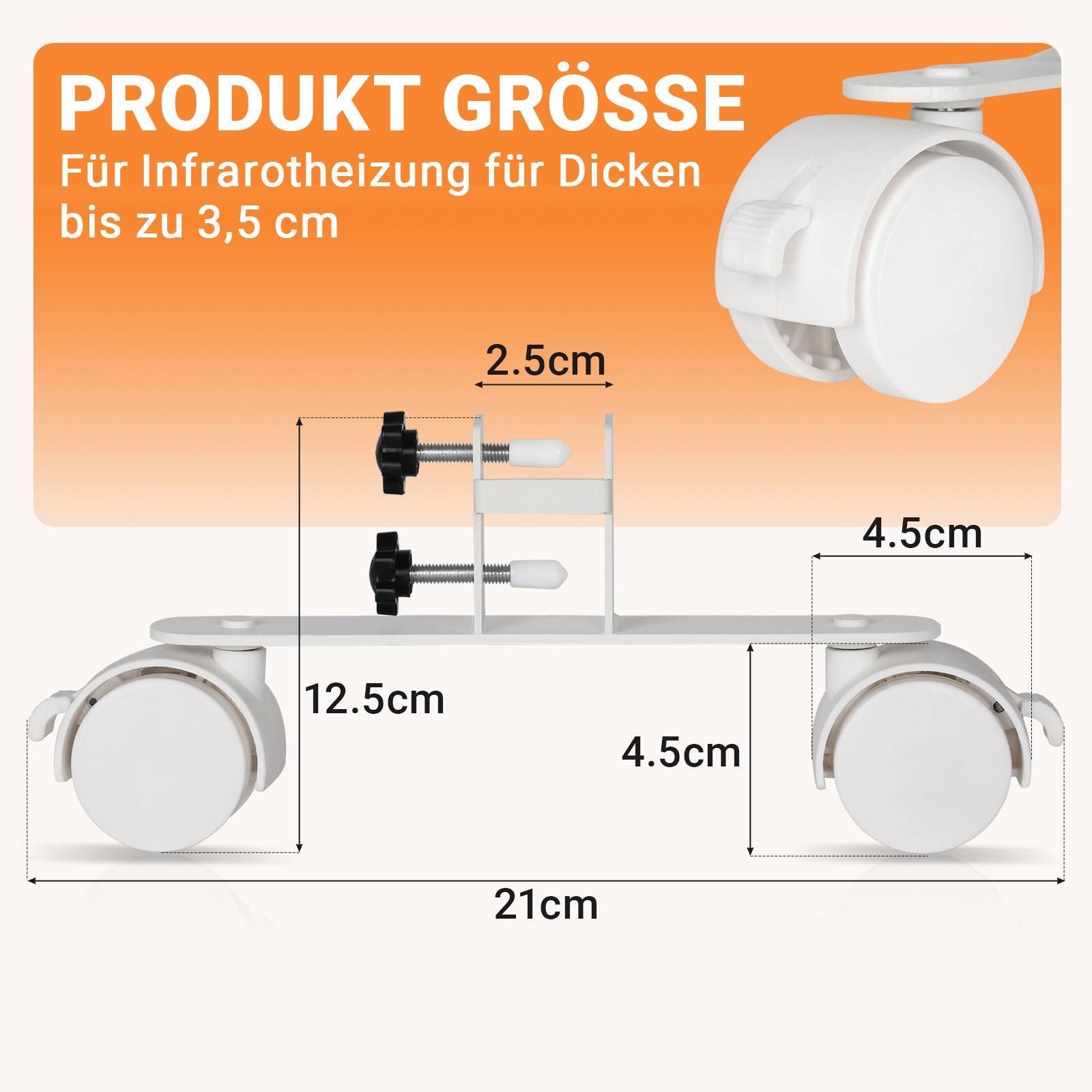 10x Standfüße mit Rollen für Infrarotheizungen Geeignet für Heizgeräte mit einer Dicke von weniger als 3,5 cm, Metall, weiß