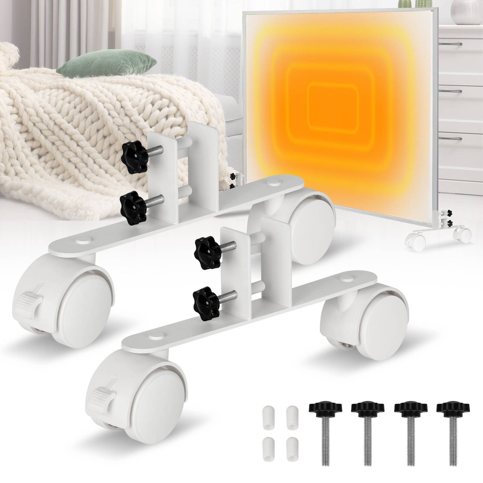 Standfüße mit Rollen, Heizkörperzubehör, Metall, weiß, robust, 26x14cm, passend für Heizkörper bis 3cm Breite, 8 Stück