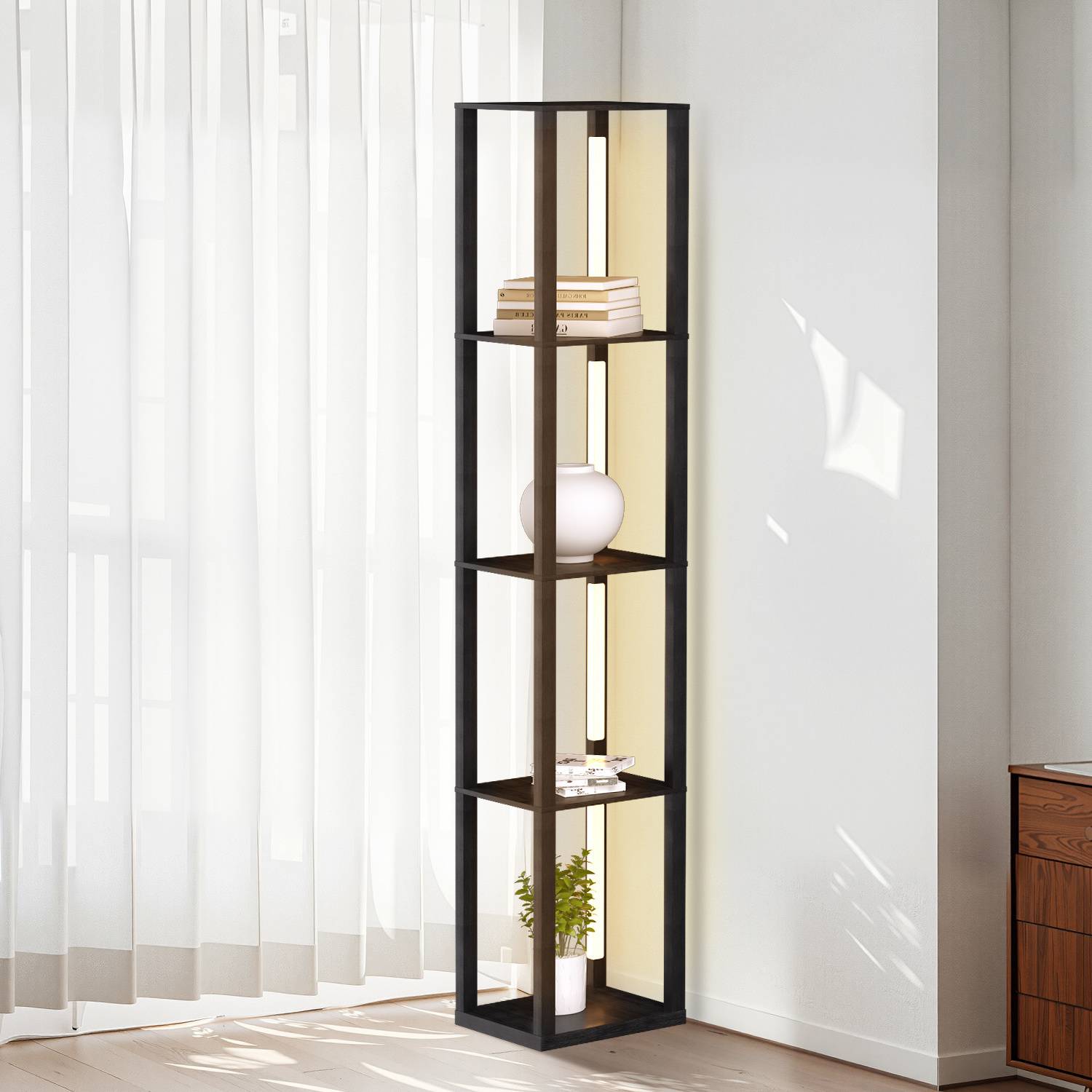 4 Ebene Stehlampe Stehleuchte Standleuchte standlampe Bodenlampe, Innenbeleuchtung für Schlafzimmer Wohnzimmer Holz Regal Schwarz 163cm,Eckregal