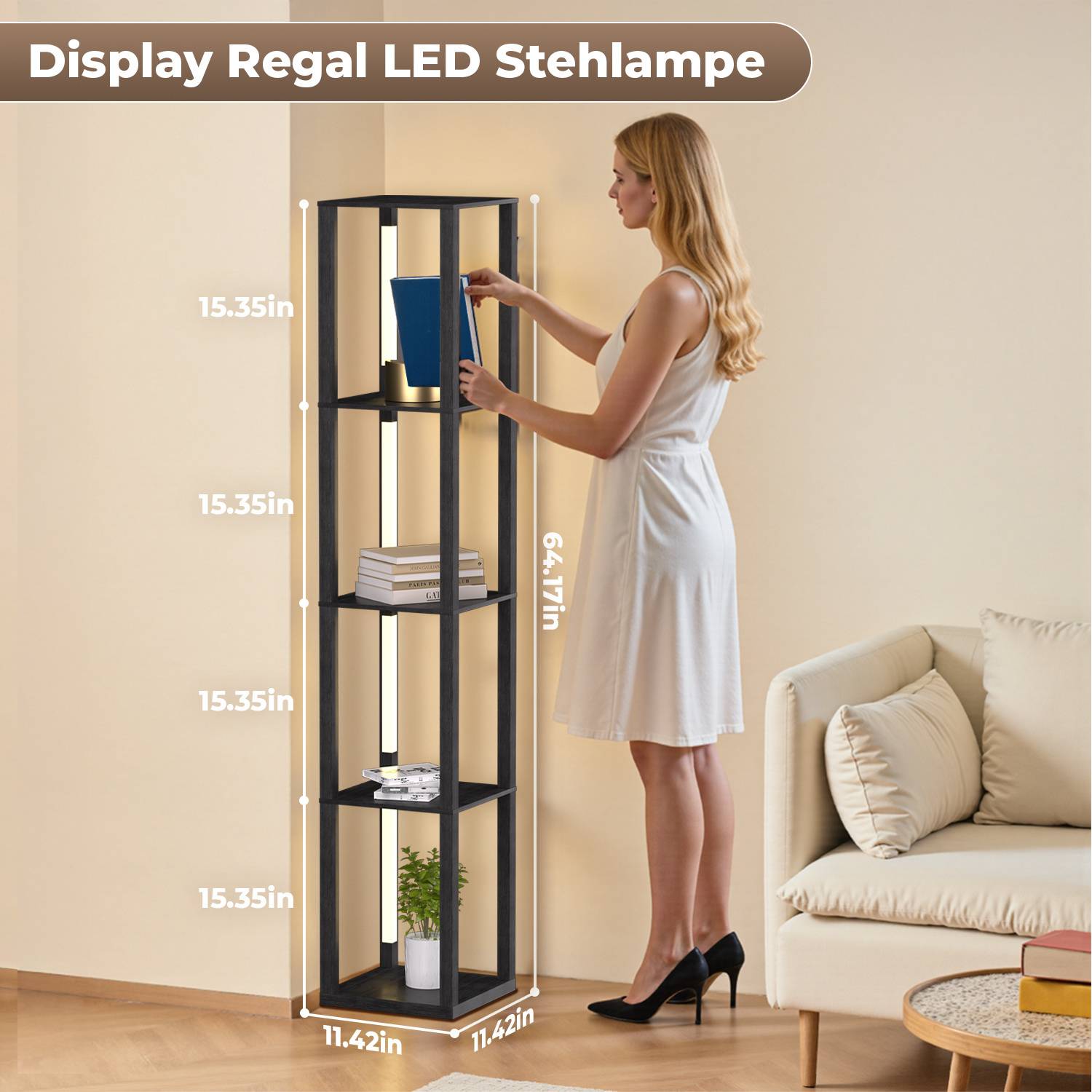 4 Ebene Stehlampe Stehleuchte Standleuchte standlampe Bodenlampe, Innenbeleuchtung für Schlafzimmer Wohnzimmer Holz Regal Schwarz 163cm,Eckregal