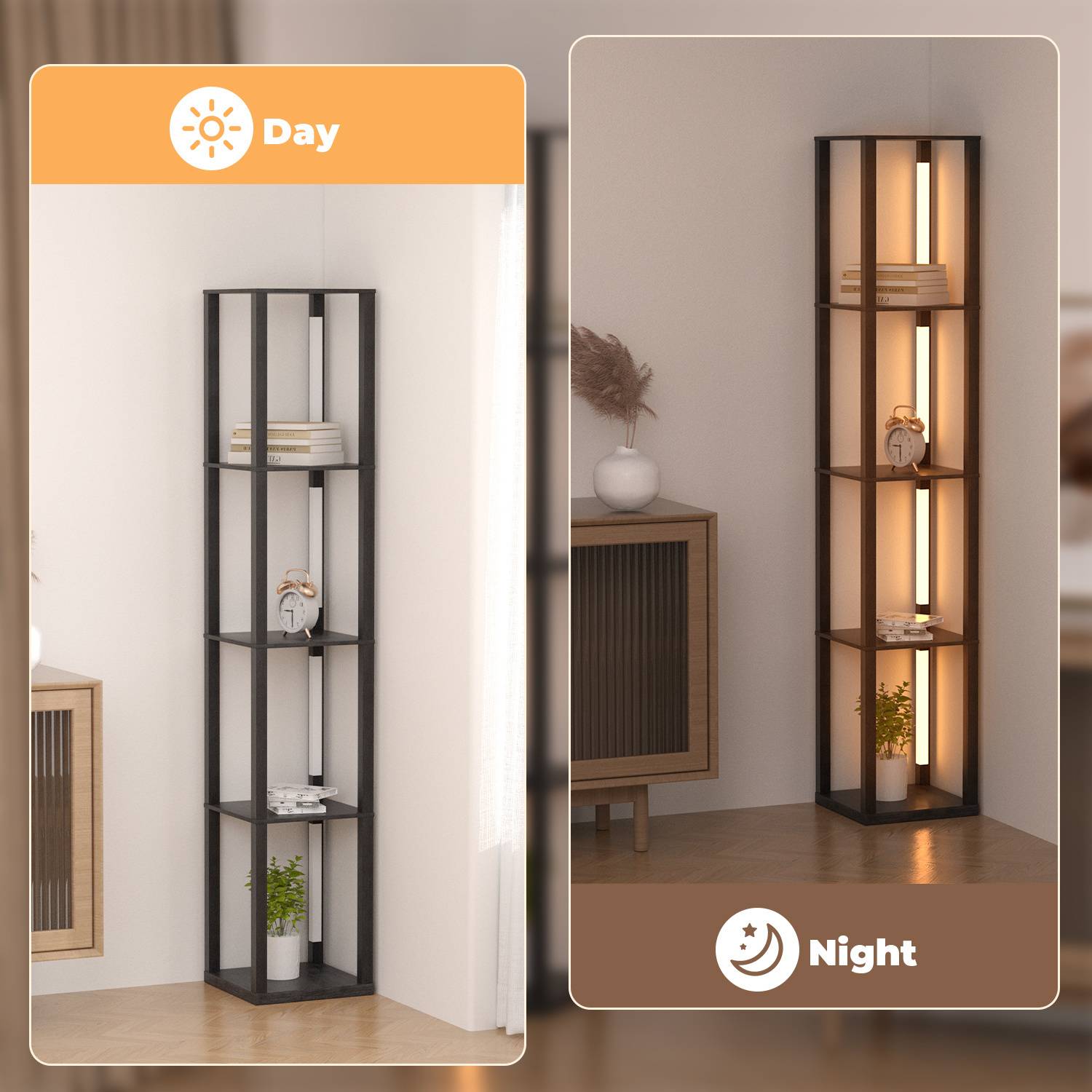 4 Ebene Stehlampe Stehleuchte Standleuchte standlampe Bodenlampe, Innenbeleuchtung für Schlafzimmer Wohnzimmer Holz Regal Schwarz 163cm,Eckregal