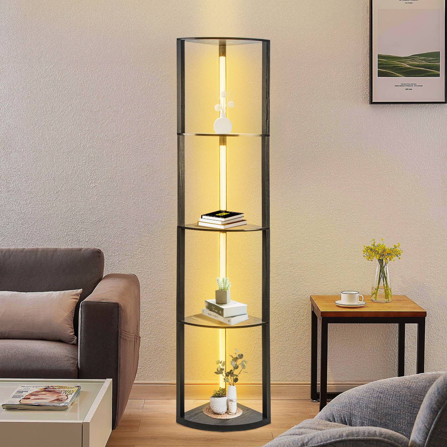 4 Ebene Stehlampe Stehleuchte Standleuchte standlampe Bodenlampe, Innenbeleuchtung für Schlafzimmer Wohnzimmer Holz Regal Schwarz 163cm