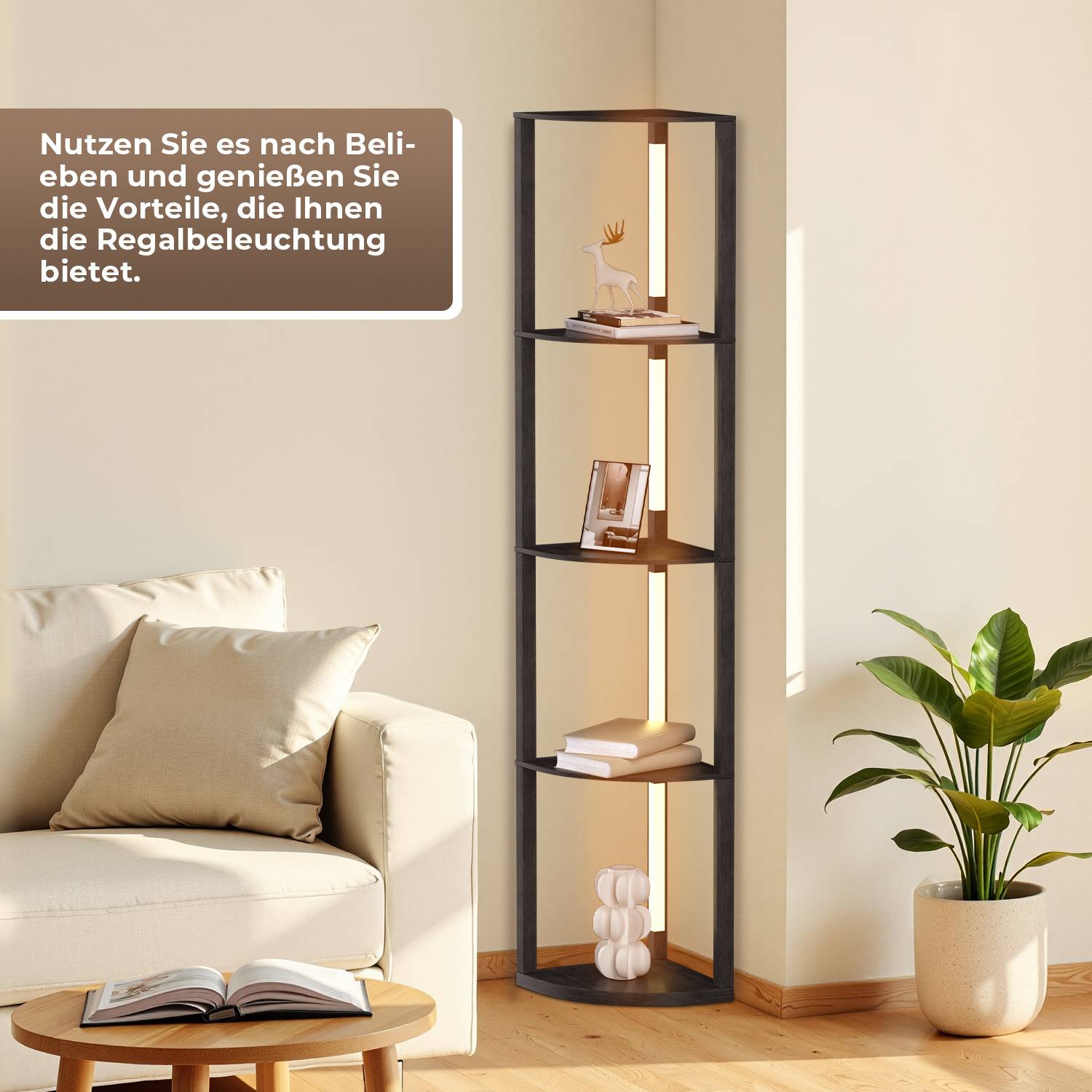 4 Ebene Stehlampe Stehleuchte Standleuchte standlampe Bodenlampe, Innenbeleuchtung für Schlafzimmer Wohnzimmer Holz Regal Schwarz 163cm