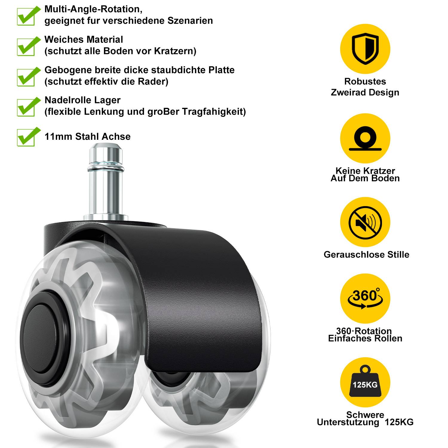 5x Hartbodenroller 11/50mm , auch für Weichboden,360° Bürostuhl Rollen Ersatzrollen,Ersatz Bürostuhlrollen Set in Schwarz