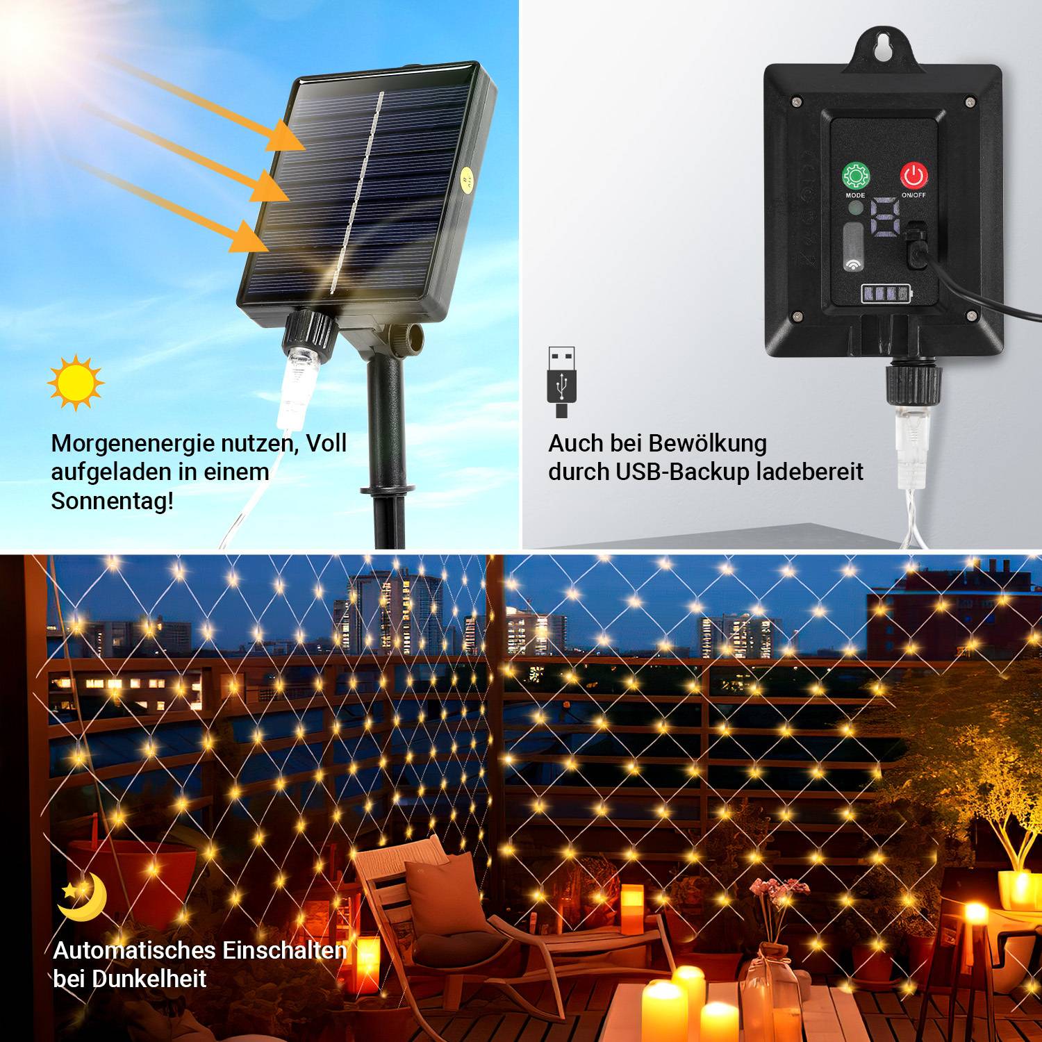 Solar Lichternetz 3x2M Warmweiß Lichterkette Weihnachtsbeleuchtung Lichtervorhang mit 8 Leuchtmodi Speicherfunktion Partydeko