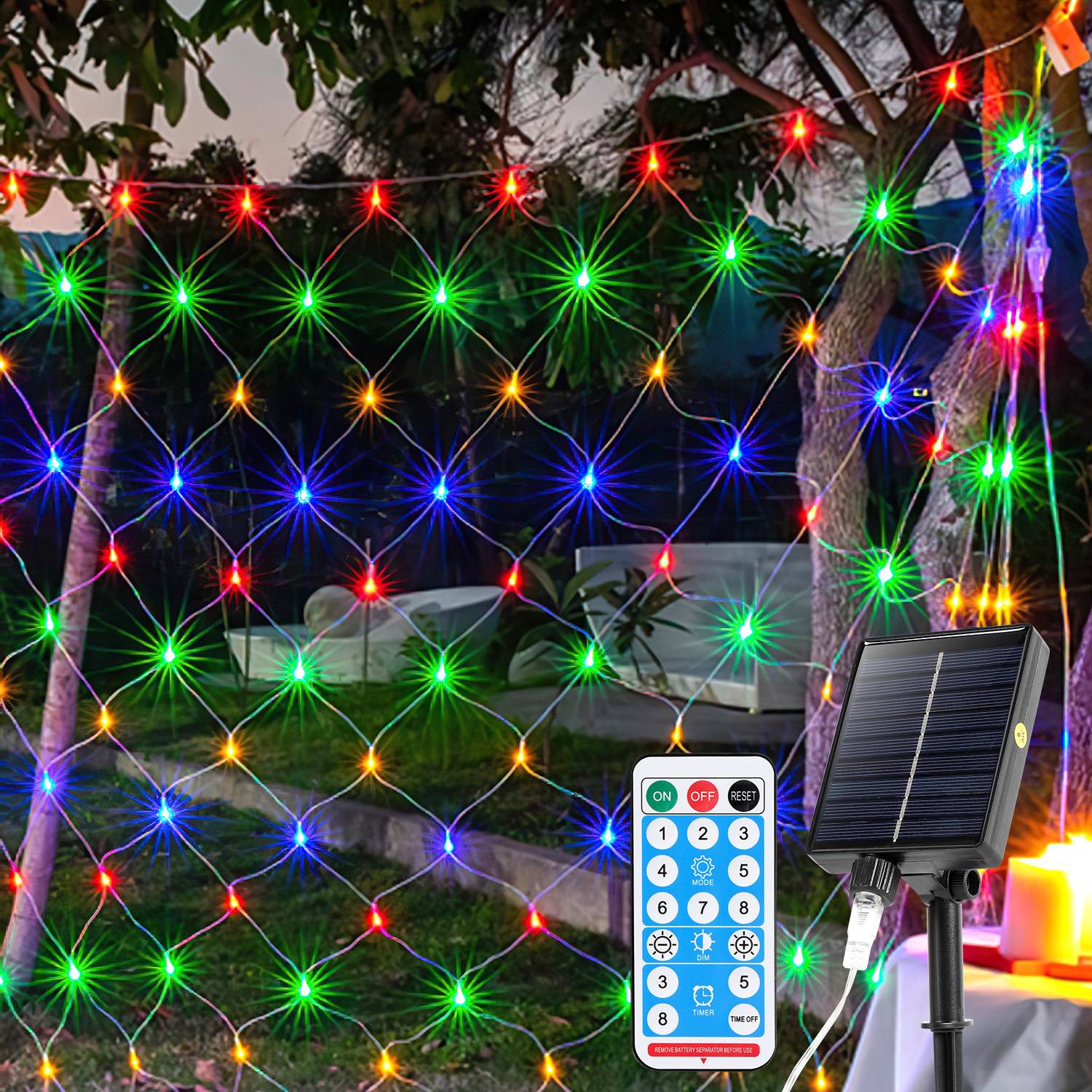 Solar Lichternetz 3x2M Bunt Lichterkette Weihnachtsbeleuchtung Lichtervorhang mit 8 Leuchtmodi Speicherfunktion Partydeko