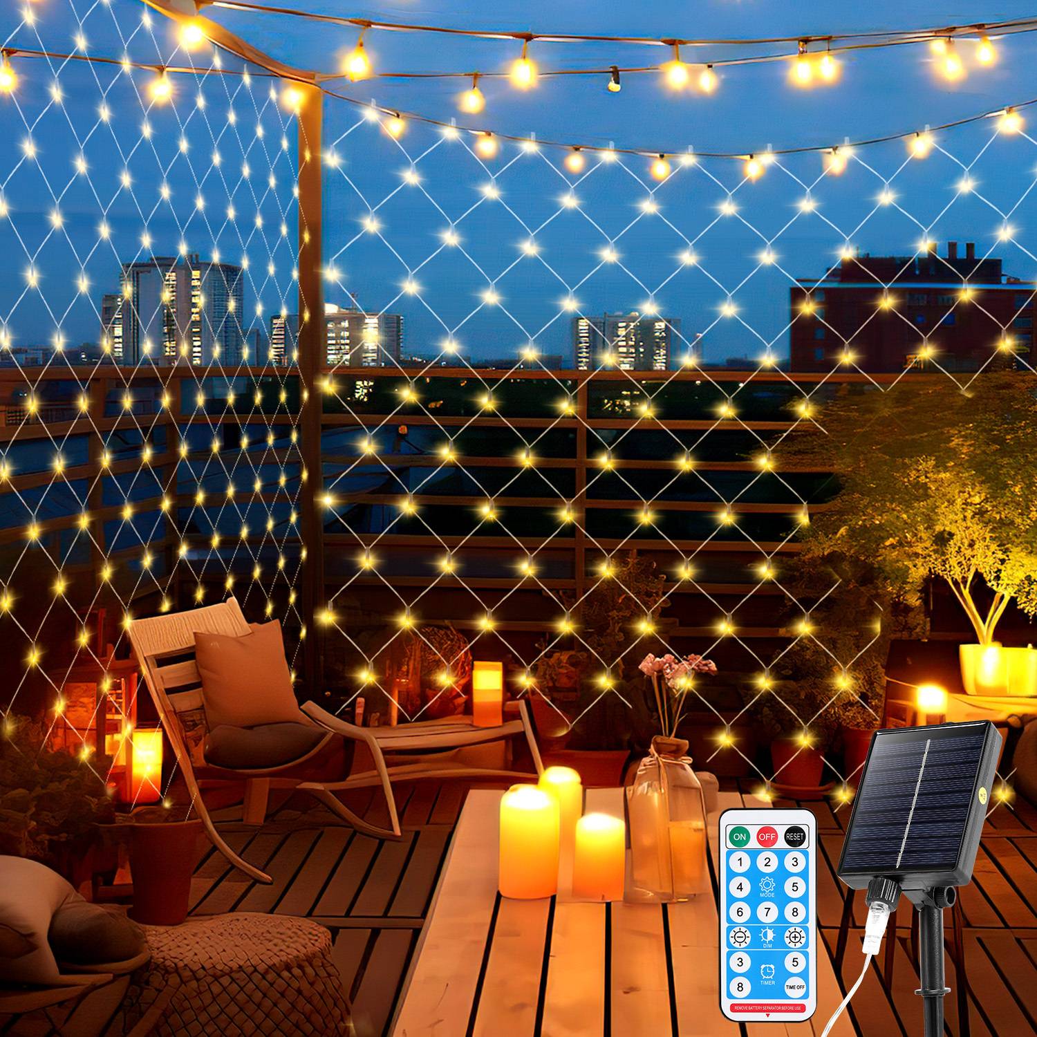 3x2M LED Solar Lichternetz Warmweiß 240 LEDs 8 Lichtmodi Lichterkette Wasserdicht für Außen Party Garten Deko IP44