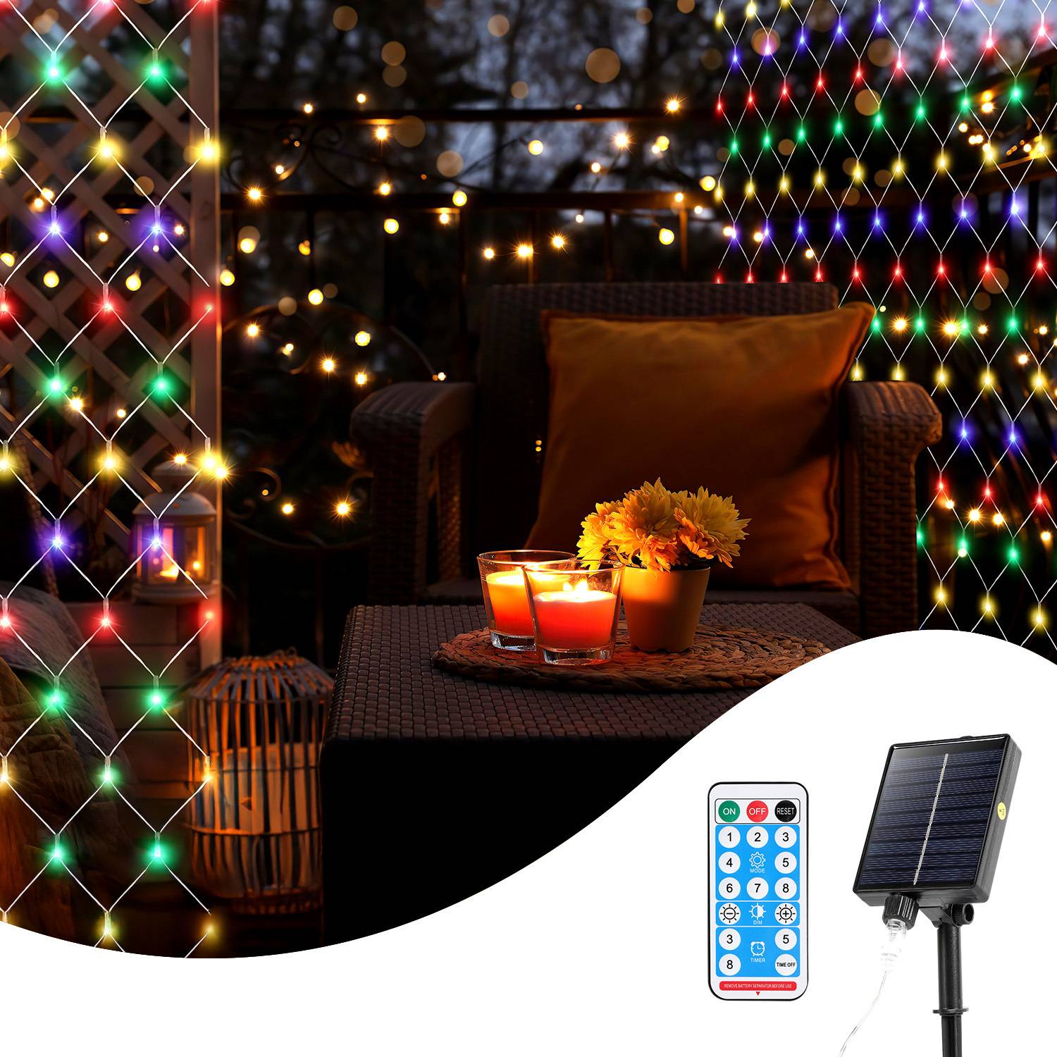 3x2M LED Solar Lichternetz Bunt 240 LEDs 8 Lichtmodi Lichterkette Wasserdicht für Außen Party Garten Deko IP44