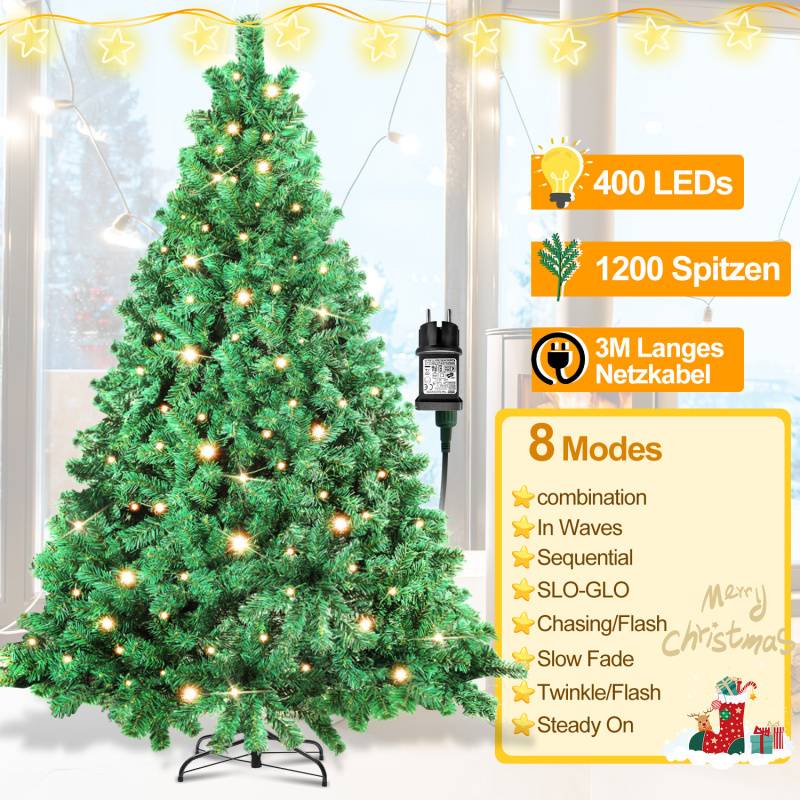 Künstlicher Weihnachtsbaum 210cm mit Lichterkette 400 LED warm-weiß inkl. Metallständer 1200 Spitzen Weihnachten Christbaum Tannenbaum PVC Grün