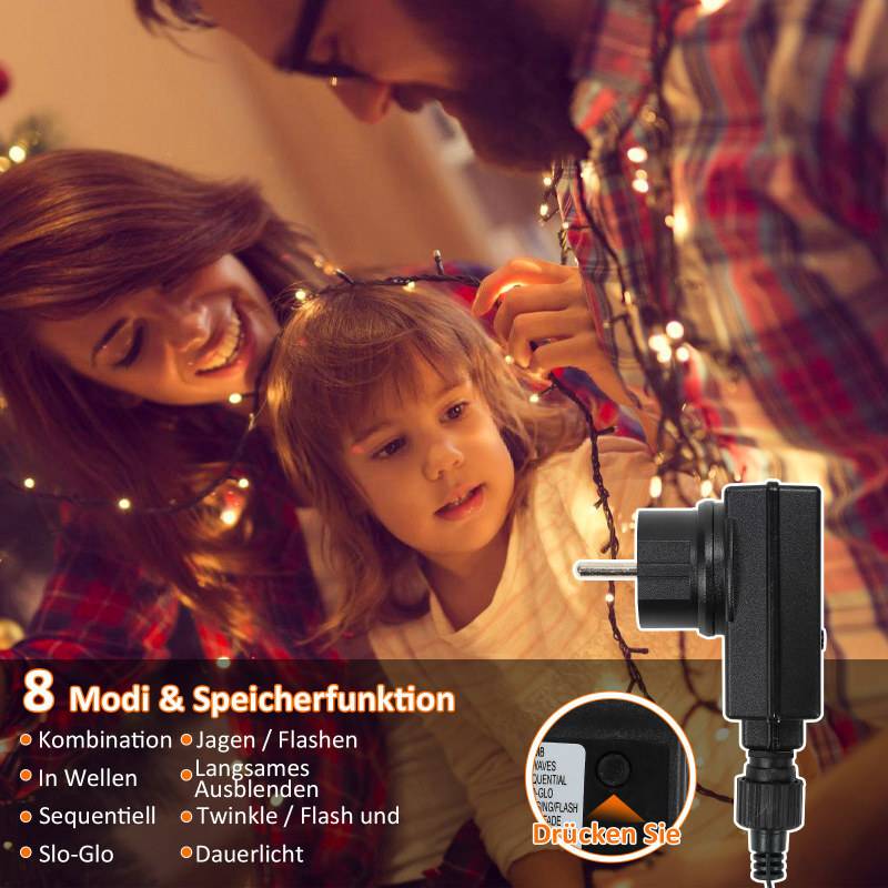 Lichterkette 20m 200LED 8 Lichtmodi Lichterketten für Party Weihnachten Hochzeit Deko, Warmweiß
