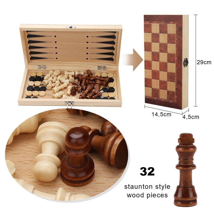 Schachspiel 29x29 cm Holz klappbares Schachbrett Schachfiguren 3 in 1 Backgammon Brettspiel Reisespiel Strategiespiel für Kinder Erwachsene Familie