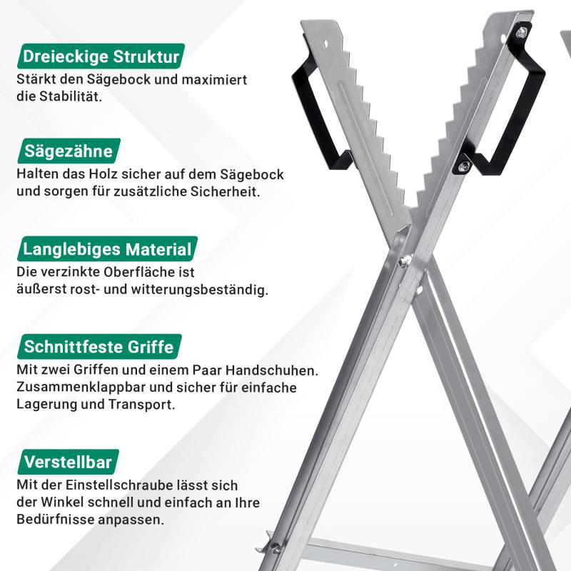 Sägebock klappbar, Silber 150kg, Holzschneidebock als Sägehilfe, verzinkt zusammenklappbarer Haltebock 3-fach