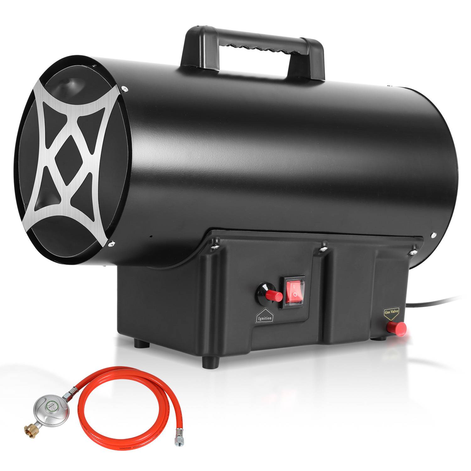 Gasheizgebläse 30 kW, mit Verbindungsschlauch, Druckminderer, Turbo-Ventilator, für handelsübliche Gasflaschen, Heißluftgenerator Heizkanone Gashe