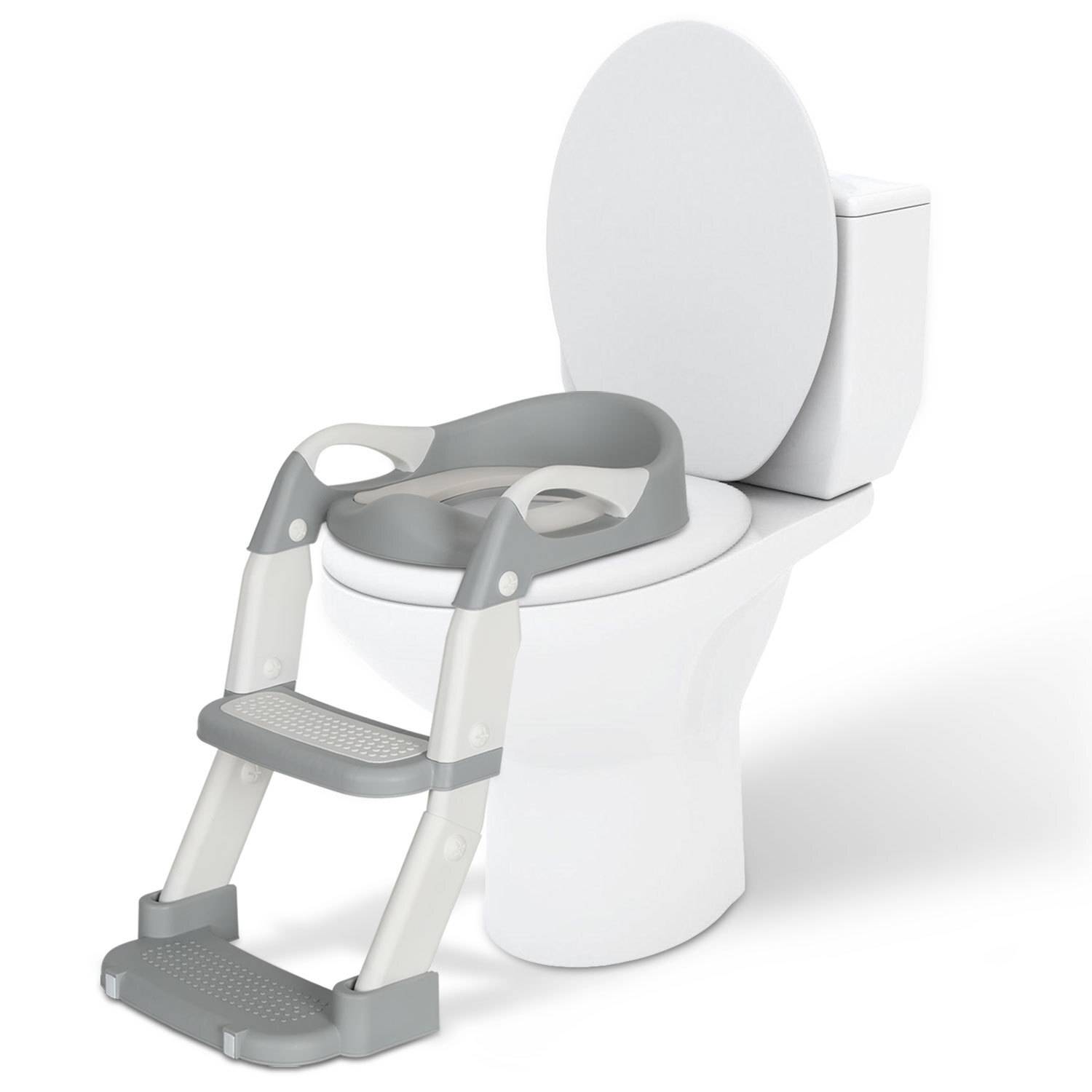 Toilettentrainer Lerntöpfchen Höhenverstellbarer Toilettensitz Baby Kinder Töpfchen WC Sitz mit Griffen, klappbar mit Treppe Grau