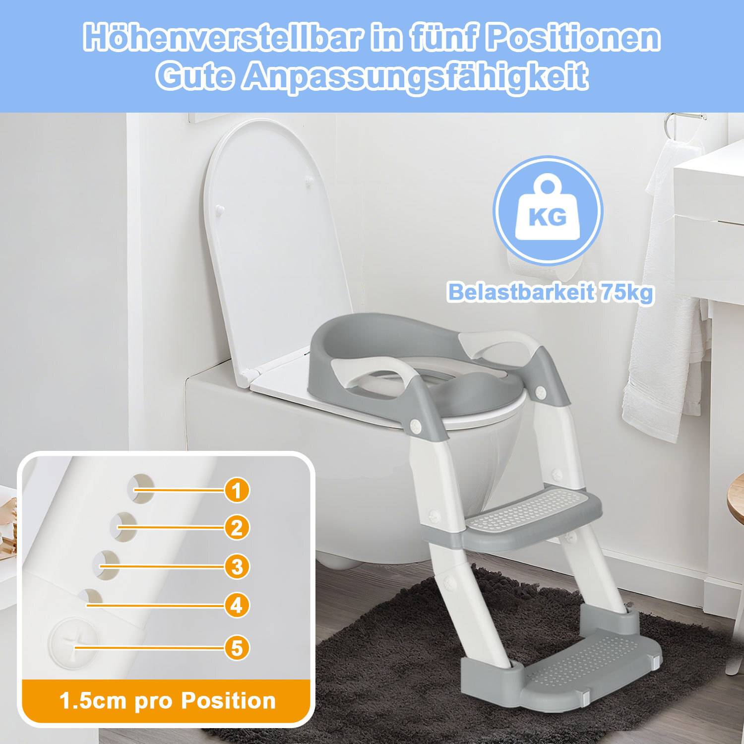 Toilettentrainer Lerntöpfchen Höhenverstellbarer Toilettensitz Baby Kinder Töpfchen WC Sitz mit Griffen, klappbar mit Treppe Grau