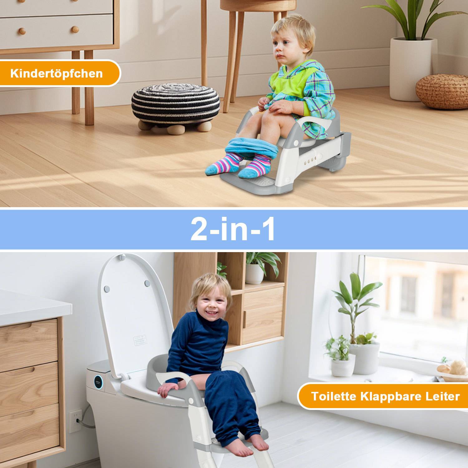 Toilettentrainer Lerntöpfchen Höhenverstellbarer Toilettensitz Baby Kinder Töpfchen WC Sitz mit Griffen, klappbar mit Treppe Grau