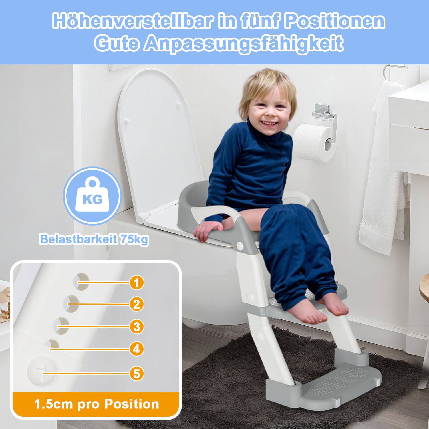 Toilettentrainer Toilette Baby Höhenverstellbarer Toilettensitz mit Treppe Kinder Töpfchen WC Sitz Lerntöpfchen mit Griffen, klappbar Lerntöpfchen