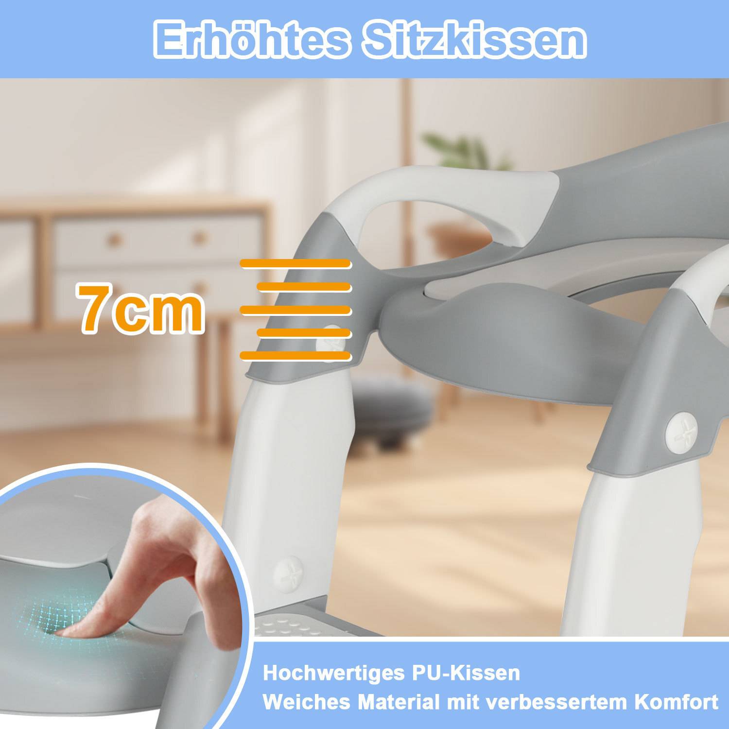 Toilettentrainer Lerntöpfchen Höhenverstellbarer Toilettensitz Baby Kinder Töpfchen WC Sitz mit Griffen, klappbar mit Treppe Grau