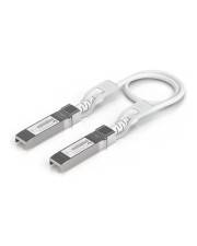 Ein weißes Glasfaserkabel mit je zwei Metallsteckern an jedem Ende.