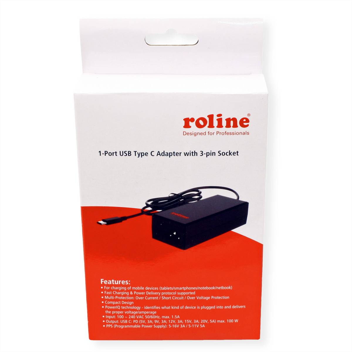 Eine weiß und rot beschriftete Schachtel mit der Bezeichnung „roline 1-Port USB Type C Adapter mit 3-Pol-Buchse