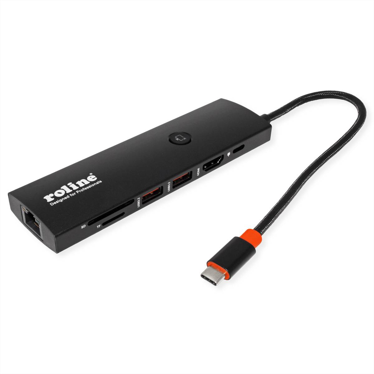 Ein schwarzer USB-C-Multi-Port-Hub mit verschiedenen Anschlüssen einschließlich USB, HDMI und Ethernet. Er trägt das Branding 