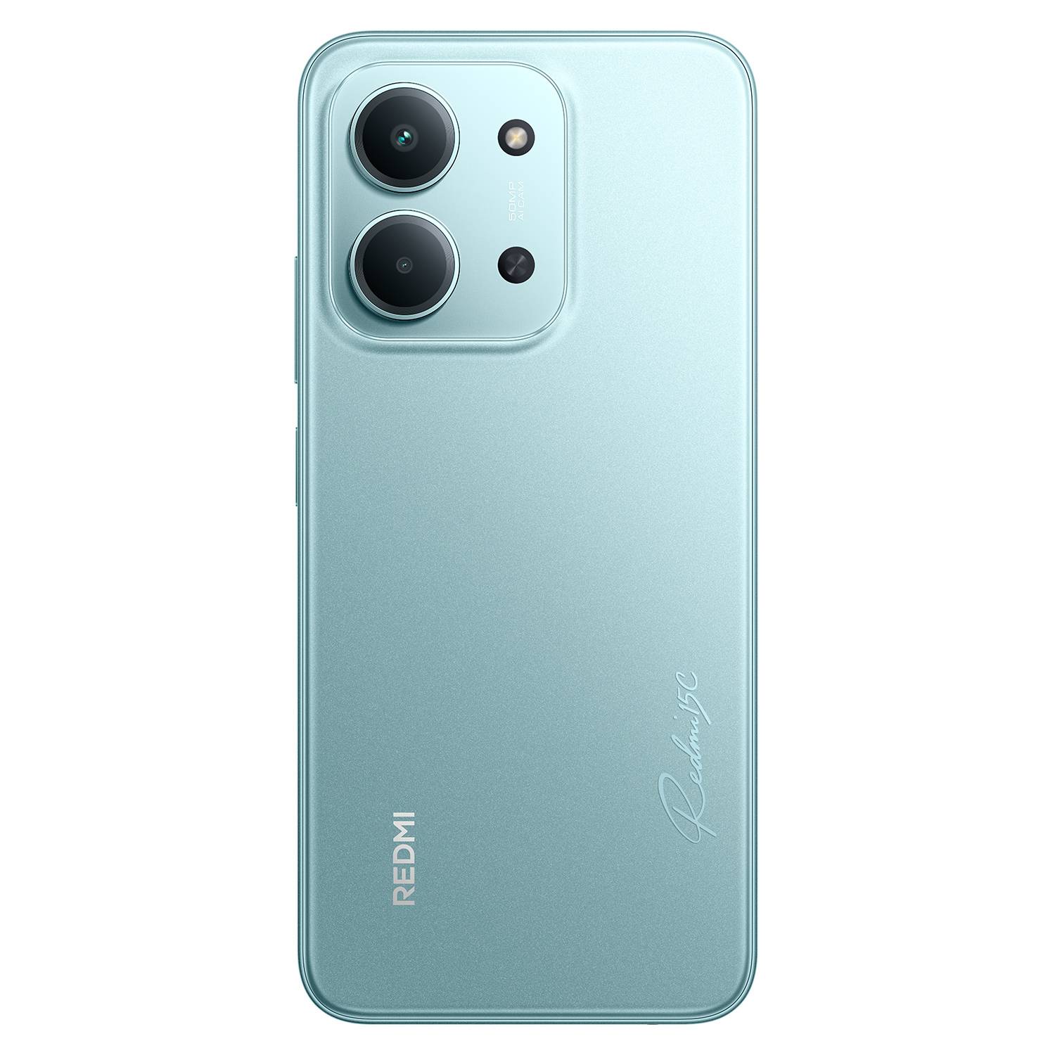 Rückansicht eines hellblauen Redmi-Smartphones mit einem Dual-Kamera-Modul mit zwei Objektiven und zwei Blitzsensoren auf der Rückseite.
