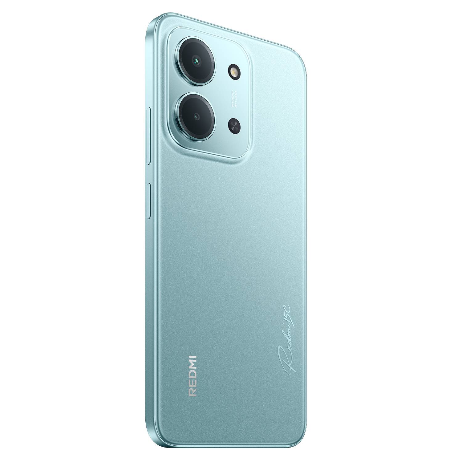 Hellblaues Redmi-Smartphone von hinten gezeigt, mit Dual-Rückkameras und einem Blitz in einem quadratischen Modul.