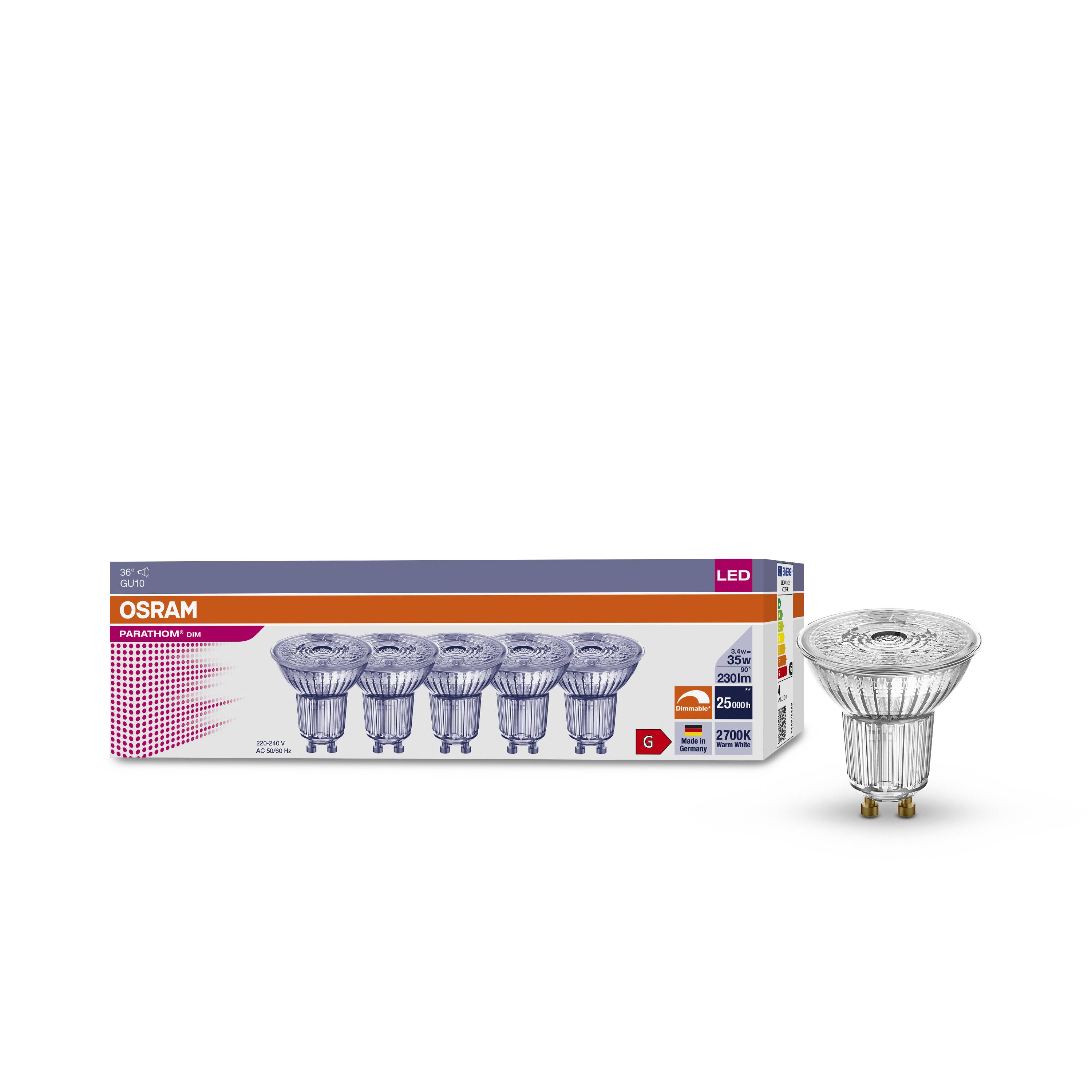 5er OSRAM LED GU10 3,4W = 35W Reflektor 230lm 36° Warmweiß 2700K DIMMBAR
