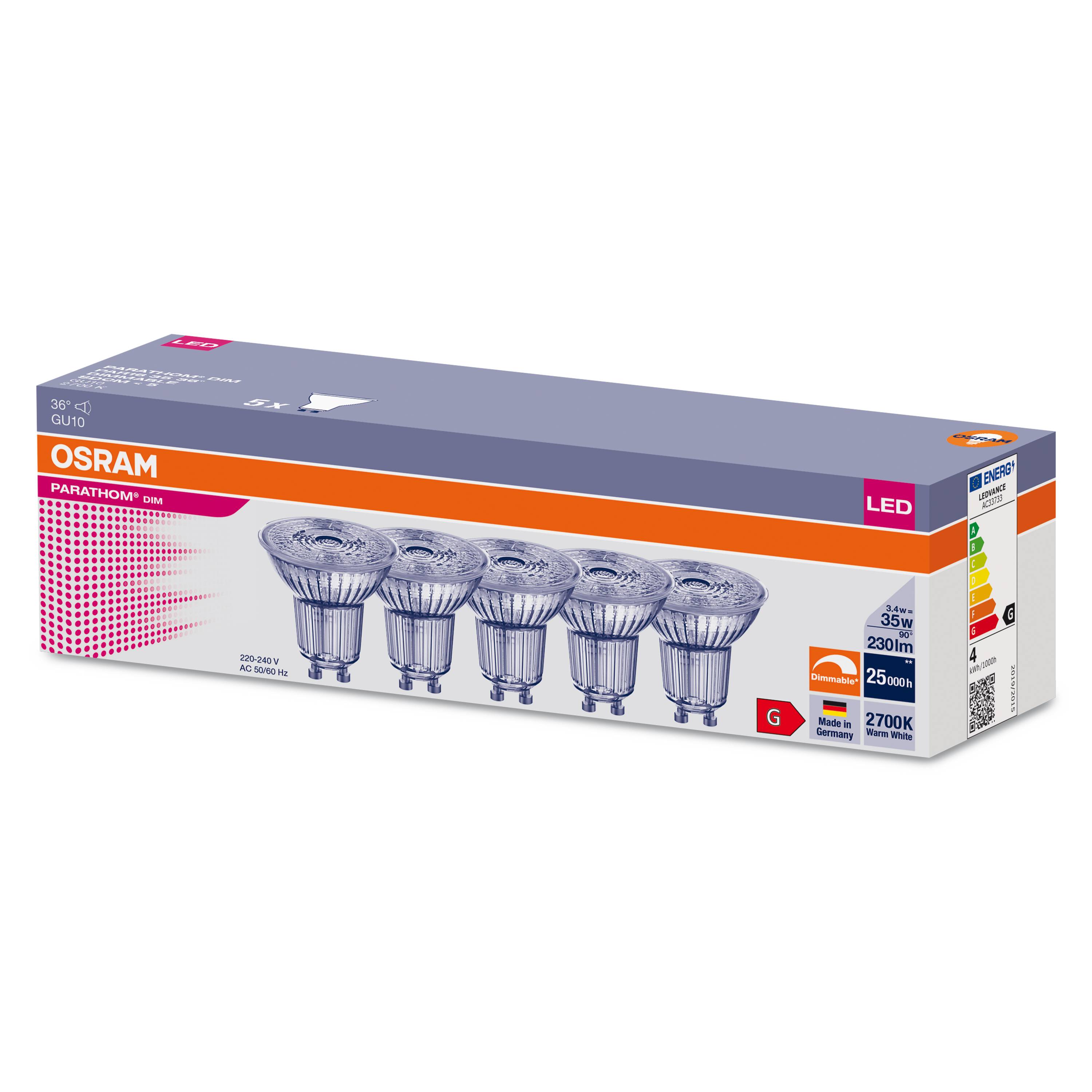5er OSRAM LED GU10 3,4W = 35W Reflektor 230lm 36° Warmweiß 2700K DIMMBAR