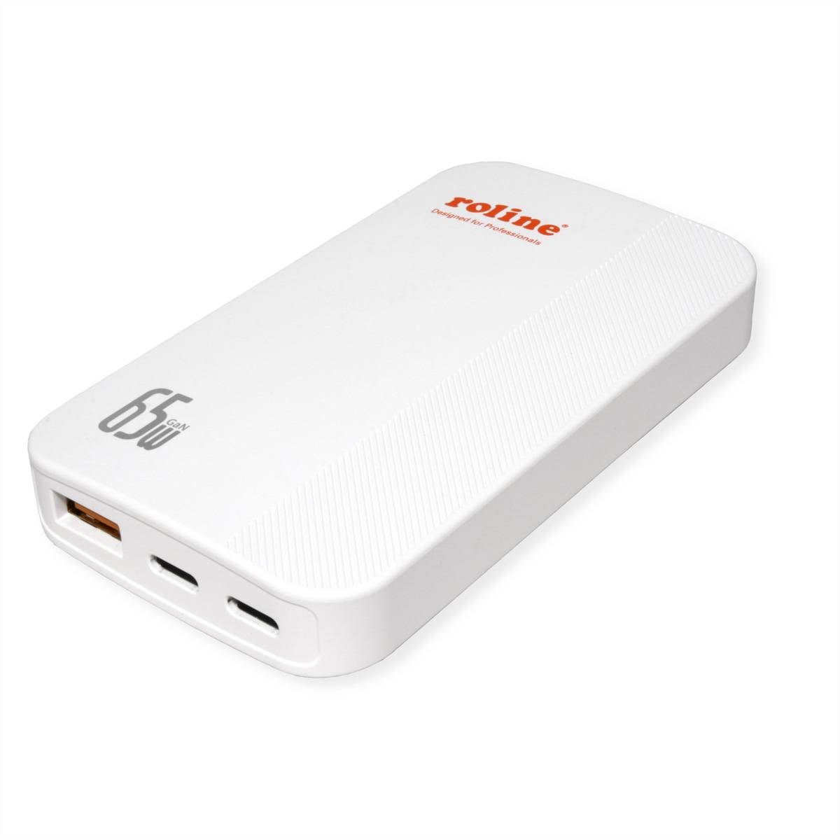 Weiße Powerbank mit drei Anschlüssen, gekennzeichnet mit „65W