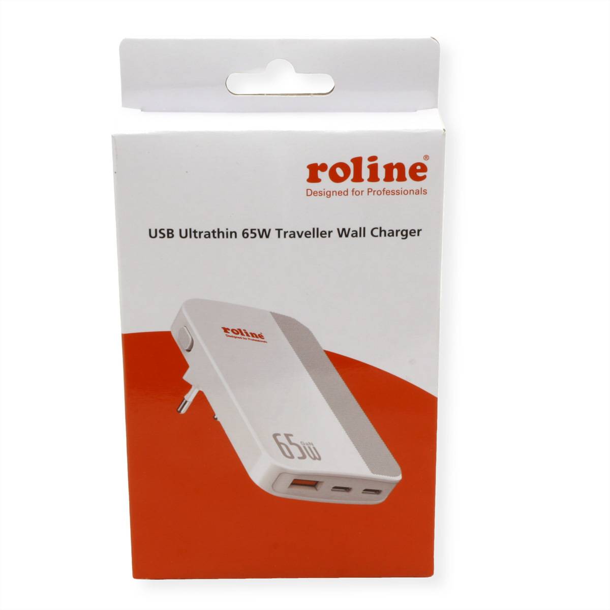 Das Bild zeigt eine weiß-rote Verpackungsbox für ein 'roline USB Ultrathin 65W Traveller Wall Charger', das sein schlankes Design hervorhebt.