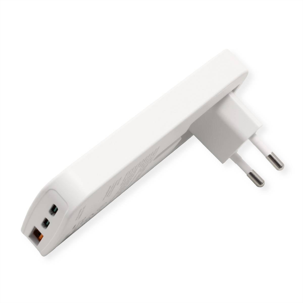 Ein weißer Steckdosenadapter mit zwei runden Stiften und einem USB-Anschluss an der Seite, entwickelt für Konnektivität und Stromversorgung in elektronischen Geräten.